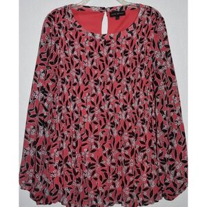 Lane Bryant Top Lined 14/16 Floral Mini Pleat Long Slv Keyhole back Breezy Flowy